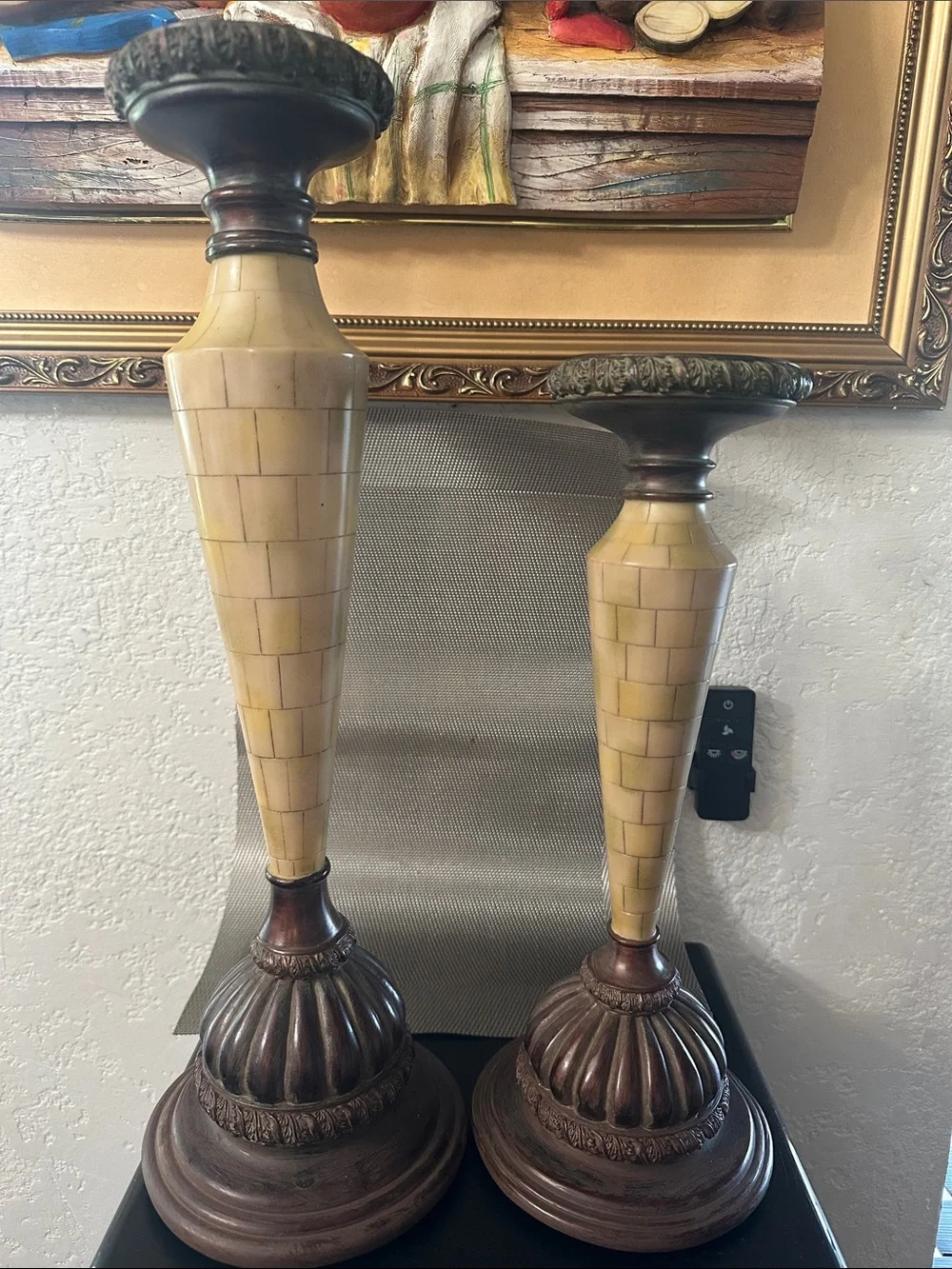 Home Accents Cream and Brown Mosaic Tapered Candle Holders (Pair)